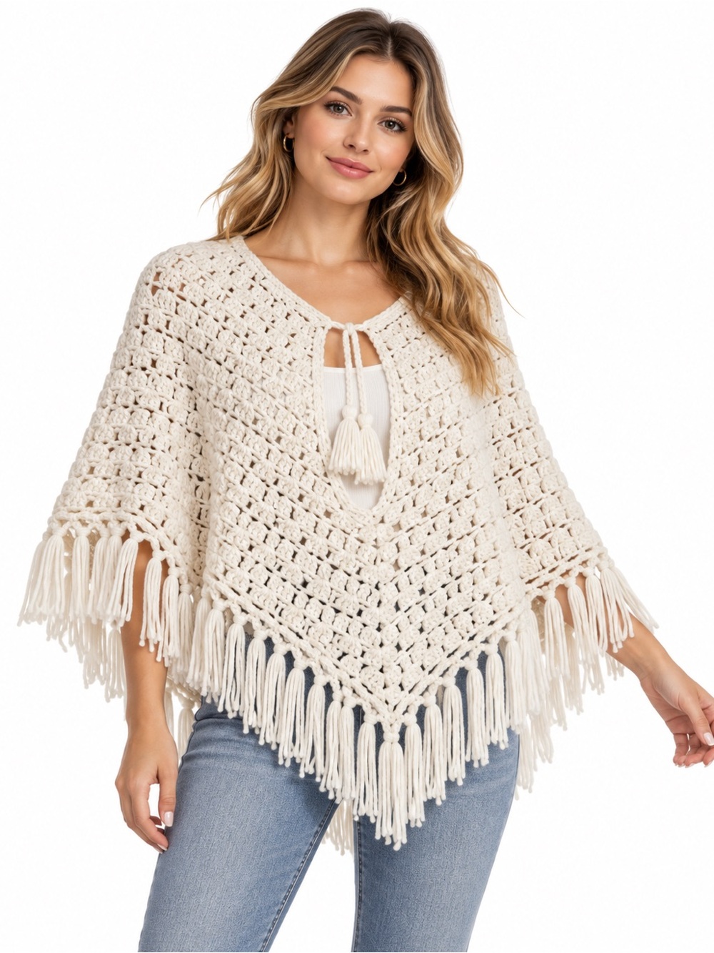 Handmade Cream Crochet Fringe Poncho Open Knit Boho One Size Festival Sweater